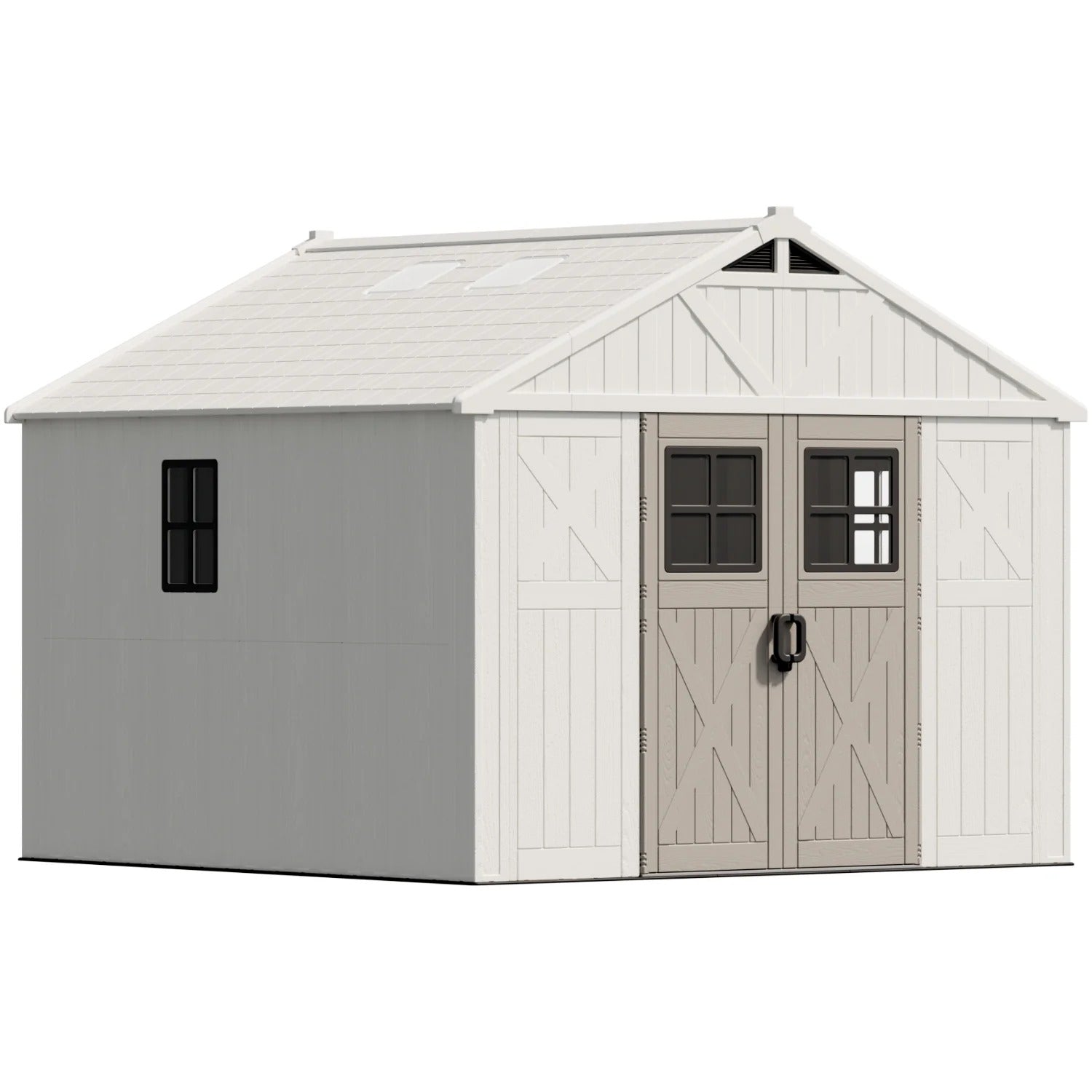 Organized plastic storage shed with windows