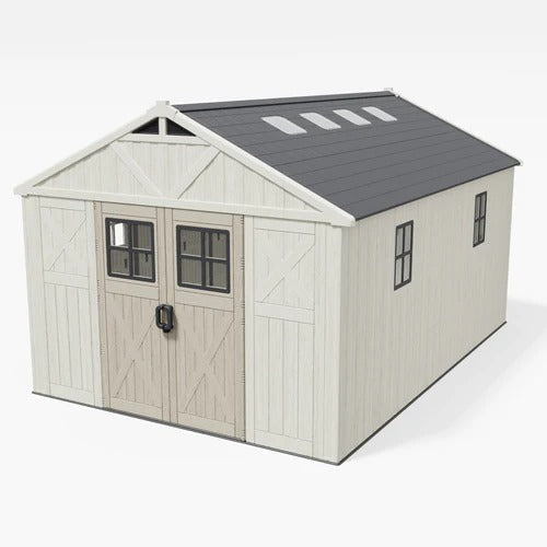 Large plastic storage shed in a backyard
