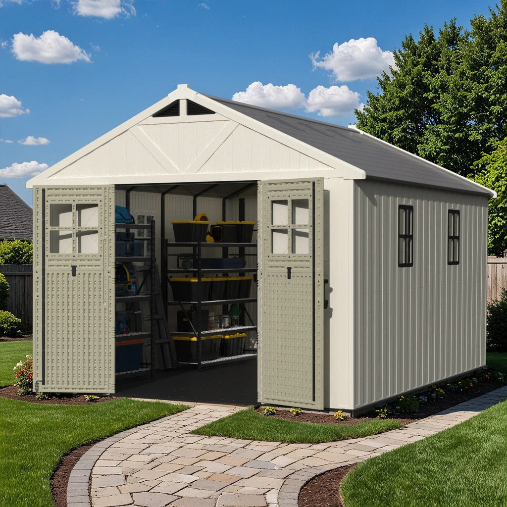 10x12ft Resin Storage Shed with Skylight & Lockable Door & Windows