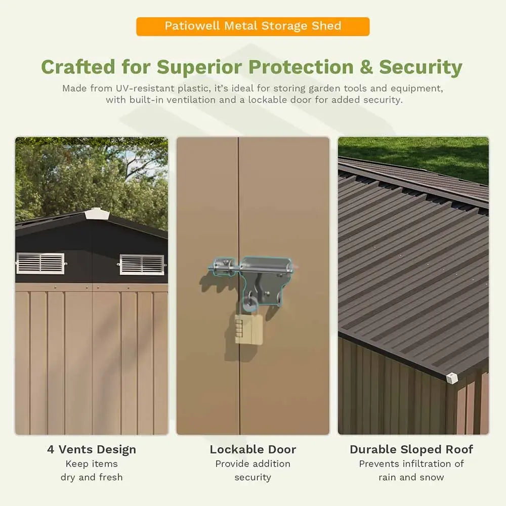 Patiowell 10x8 Metal Shed with Weather Resistance, Brown