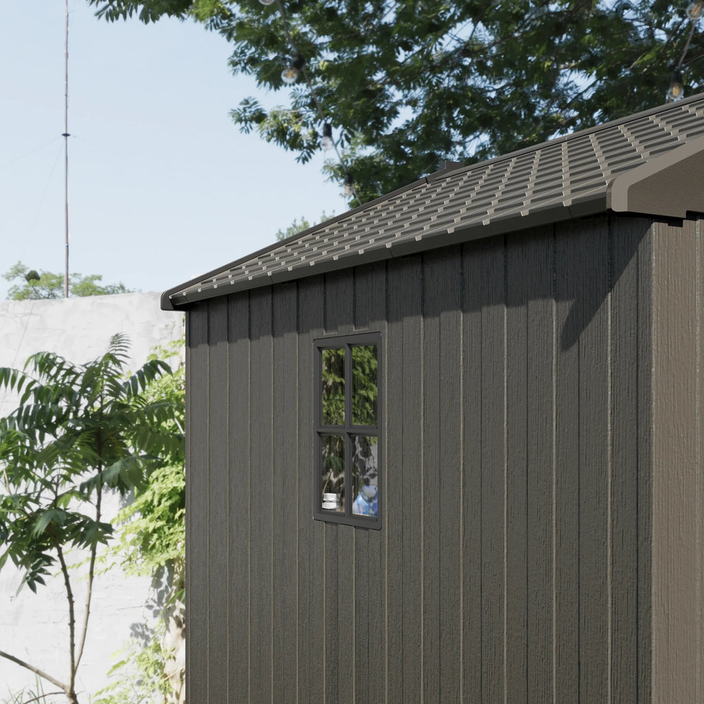 Kick-it 8x8 Plastic Storage Shed with Floor and Lights, Brown