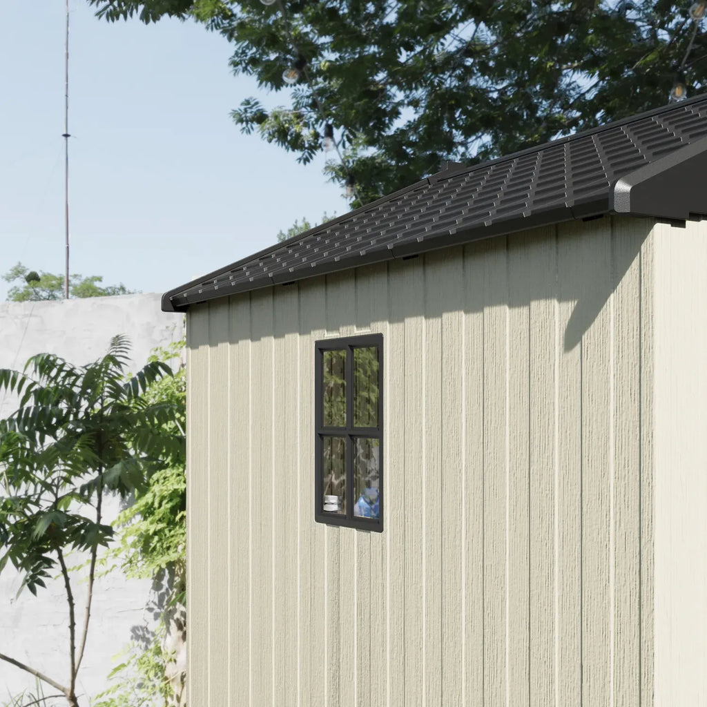 Kick-it 8x8 Plastic Storage Shed with Floor and Windows, Gray White
