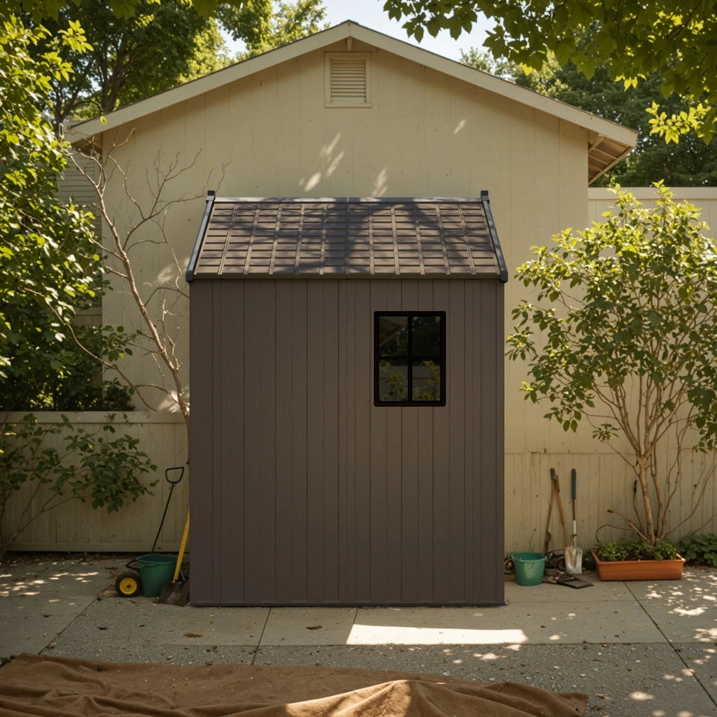 Kick-it 8x6 Plastic Storage Shed with Floor and Light, Brown