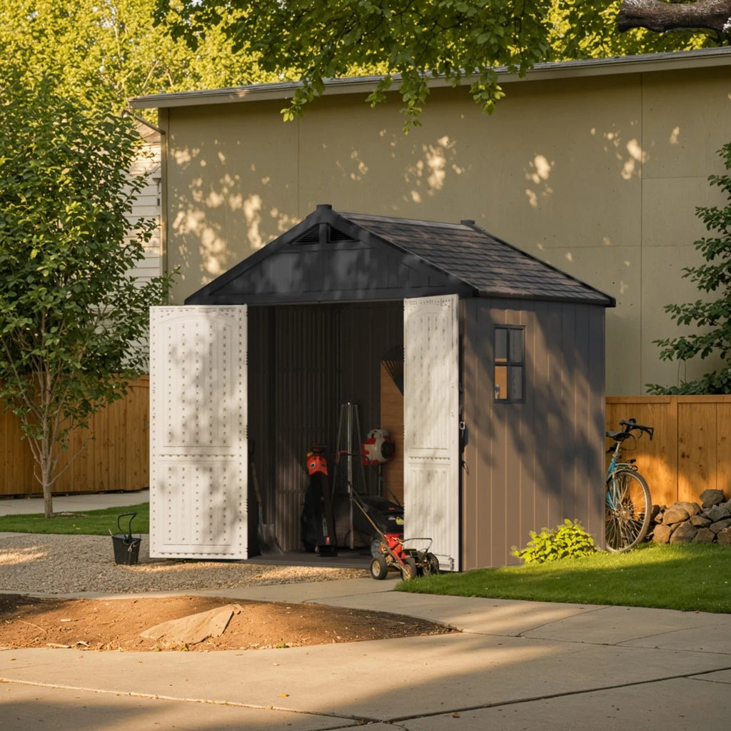 Kick-it 8x6 Plastic Storage Shed with Floor and Light, Brown