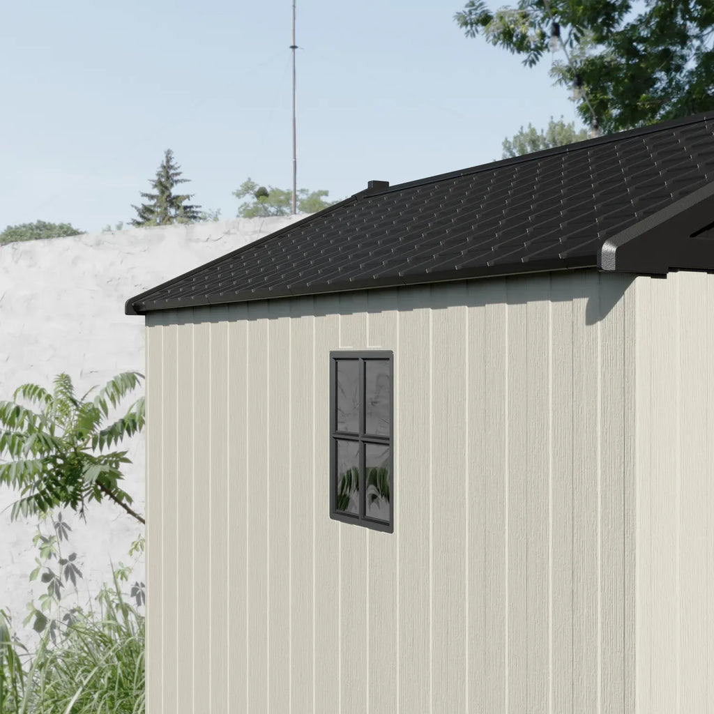 Kick-it 8x10 Plastic Storage Shed with Floor and Windows, Gray White