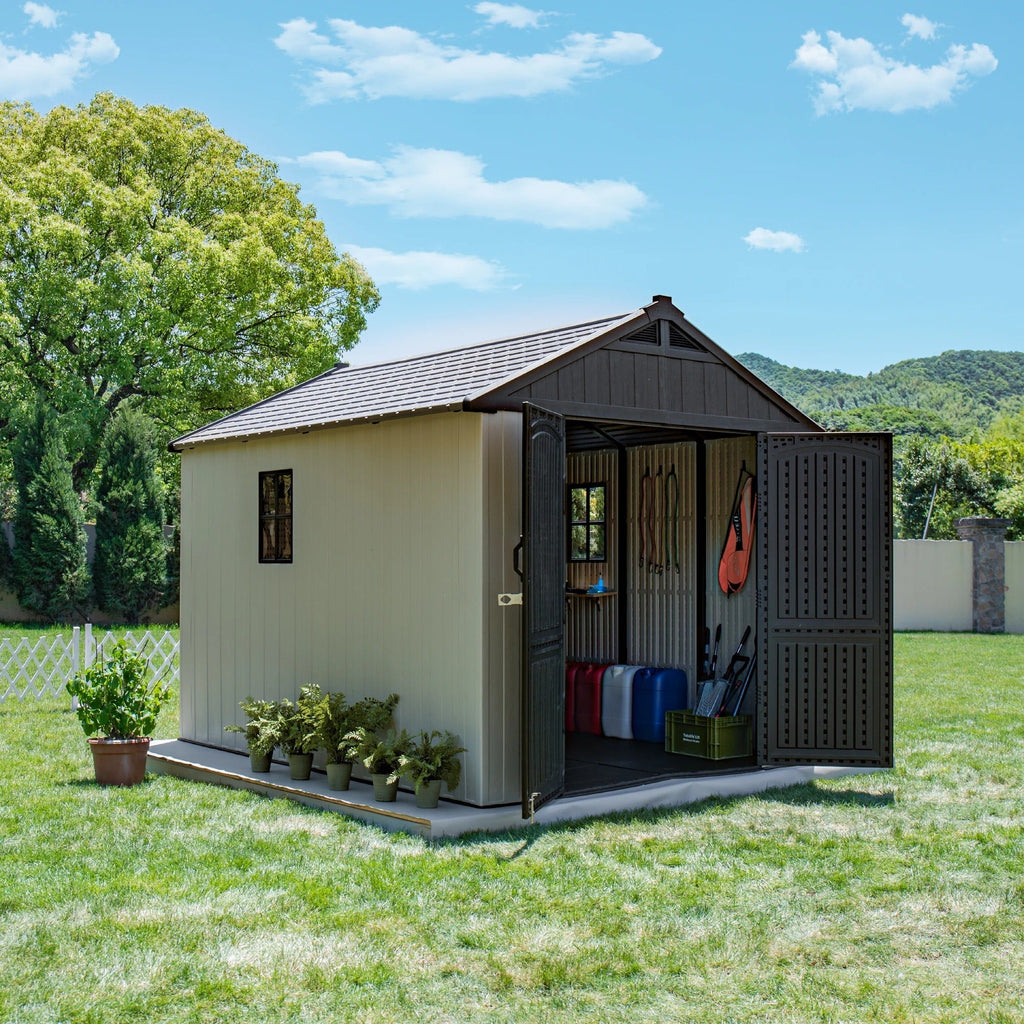 Kick-it 8x10 Plastic Storage Shed with Floor and Windows, Gray White