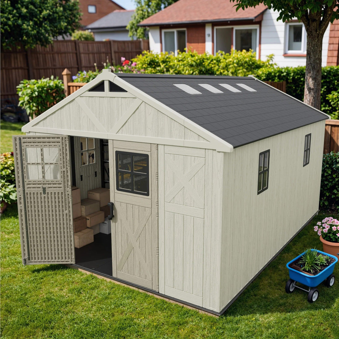 10x14 ft Kick-it Plastic Storage Shed with Skylight &amp; Windows