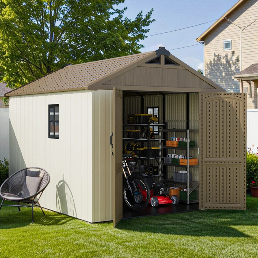 Kick-it 8x10 Plastic Shed with Floor and Windows, Khaki &amp; Beige