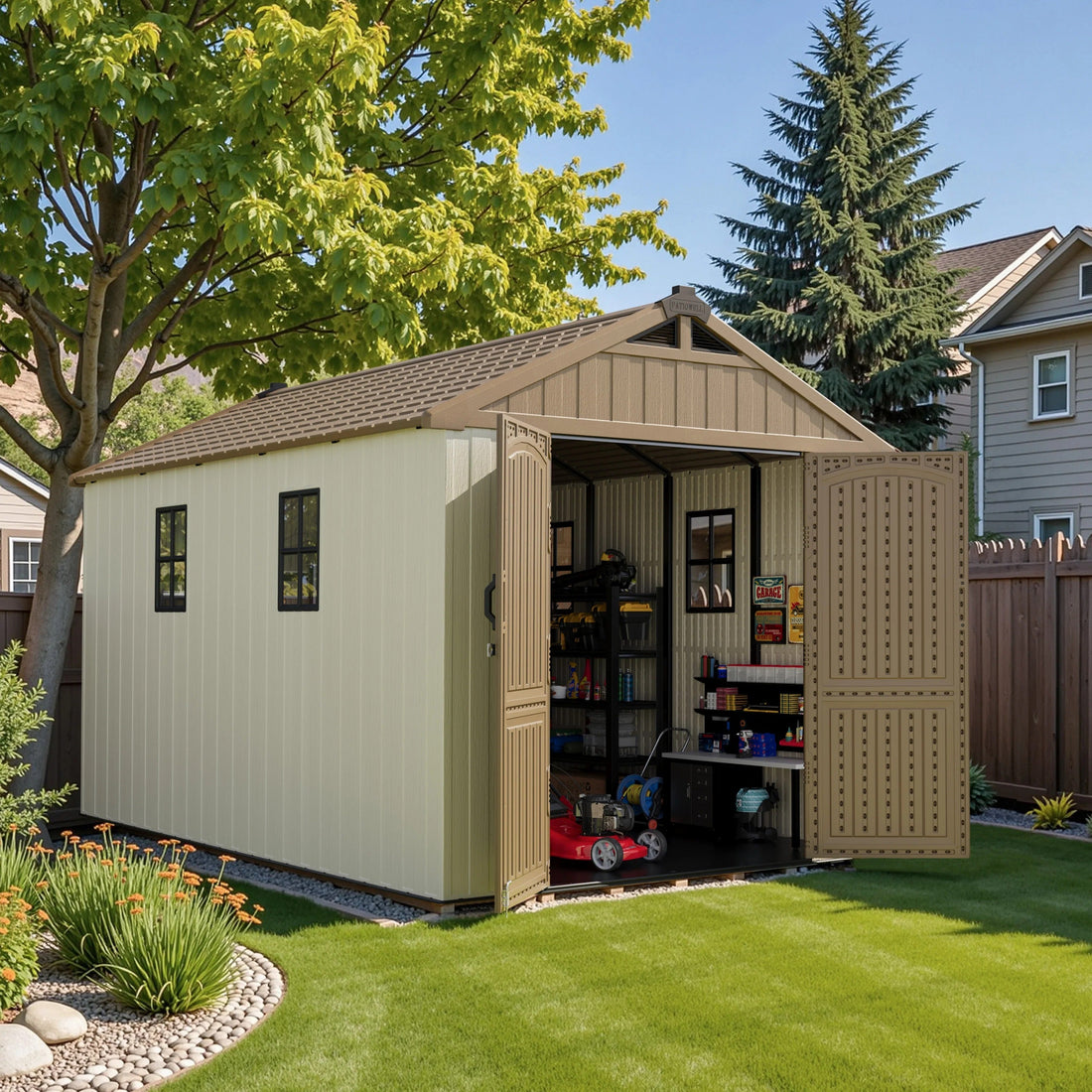 Kick-it 8x12 Plastic Storage Shed with Floor, Khaki &amp; Beige