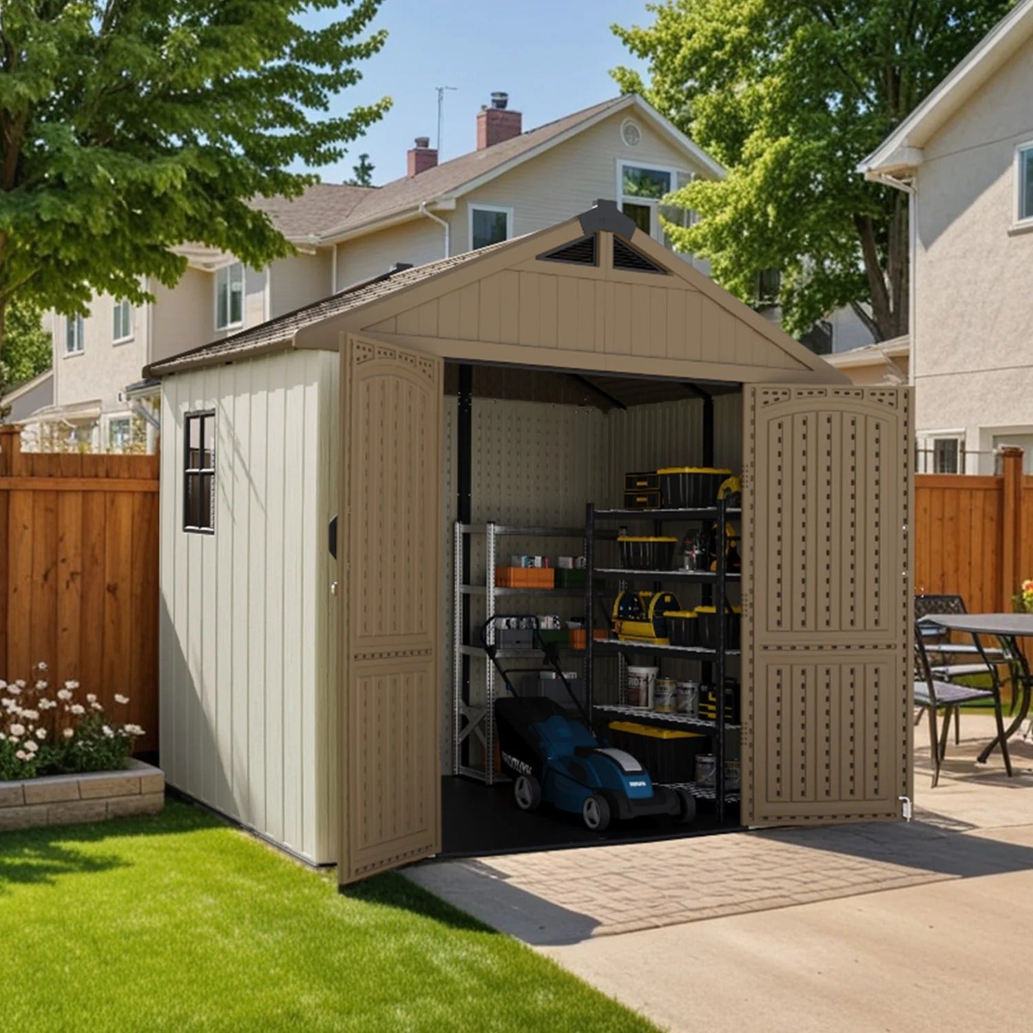 Kick-it 8x6 Plastic Storage Shed with Floor, Khaki & Beige