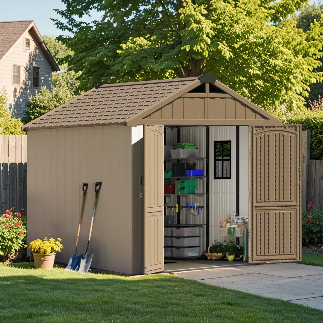 Kick-it 8x8 Plastic Storage Shed with Floor, Khaki &amp; Beige