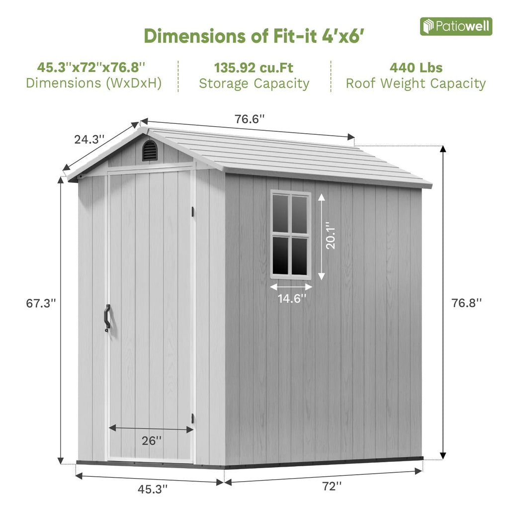 Patiowell 4x6 Plastic Storage Shed for Bike, Light Gray