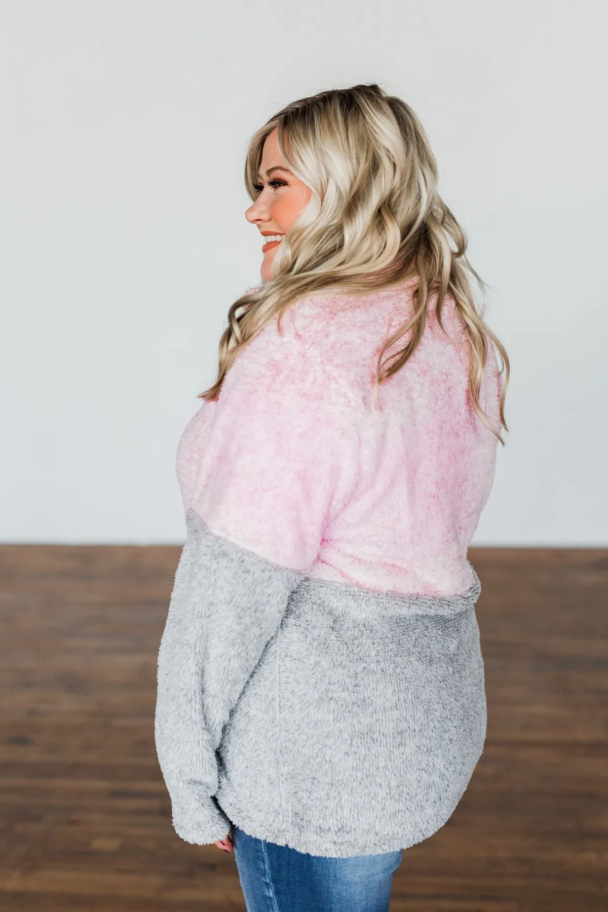 1/4 Button Snap Color Block Sherpa- Pink & Grey