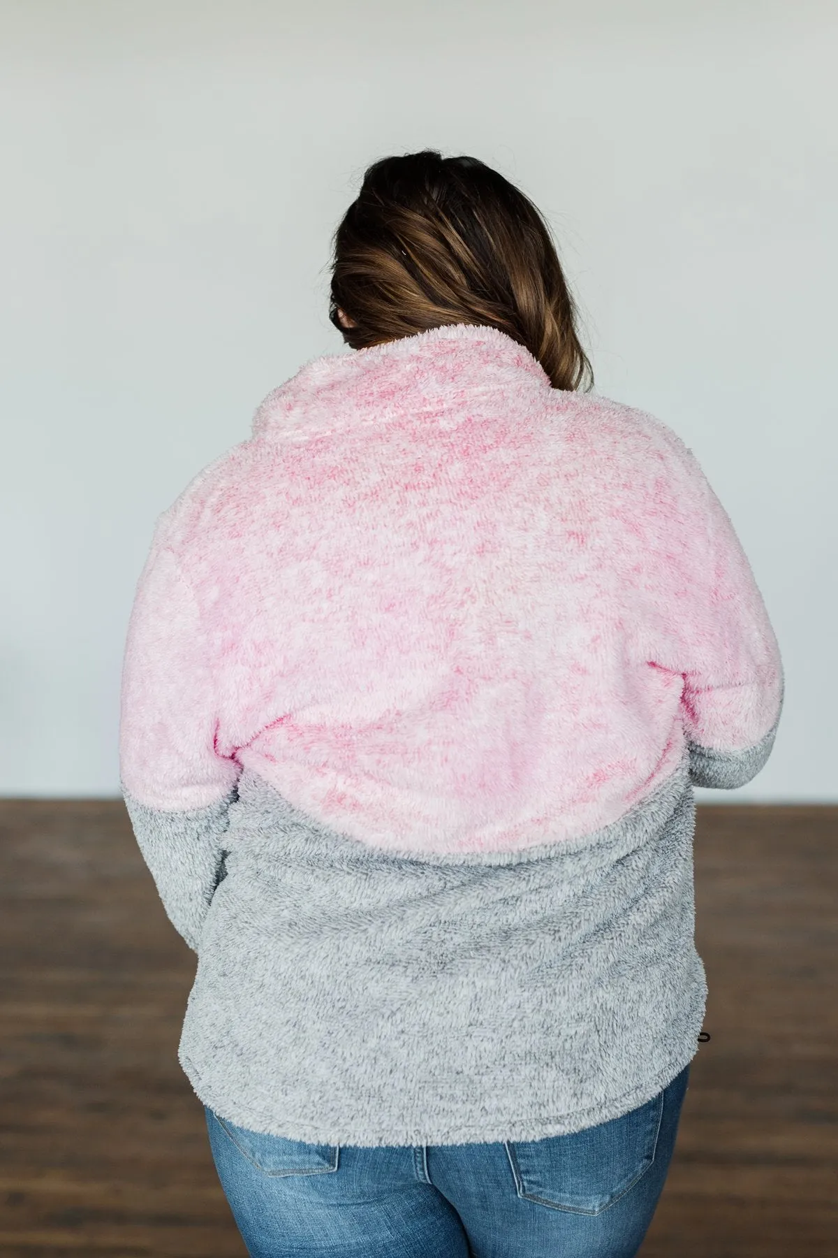 1/4 Button Snap Color Block Sherpa- Pink & Grey