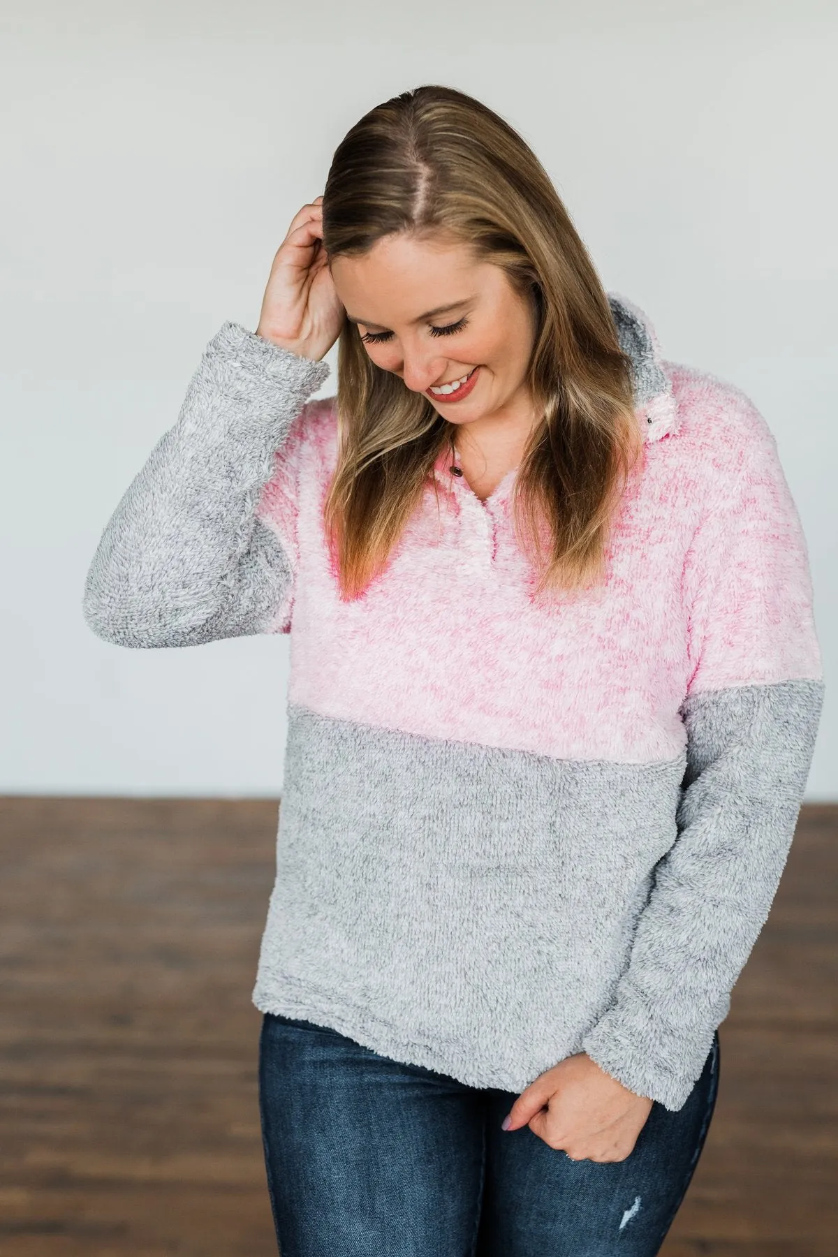 1/4 Button Snap Color Block Sherpa- Pink & Grey