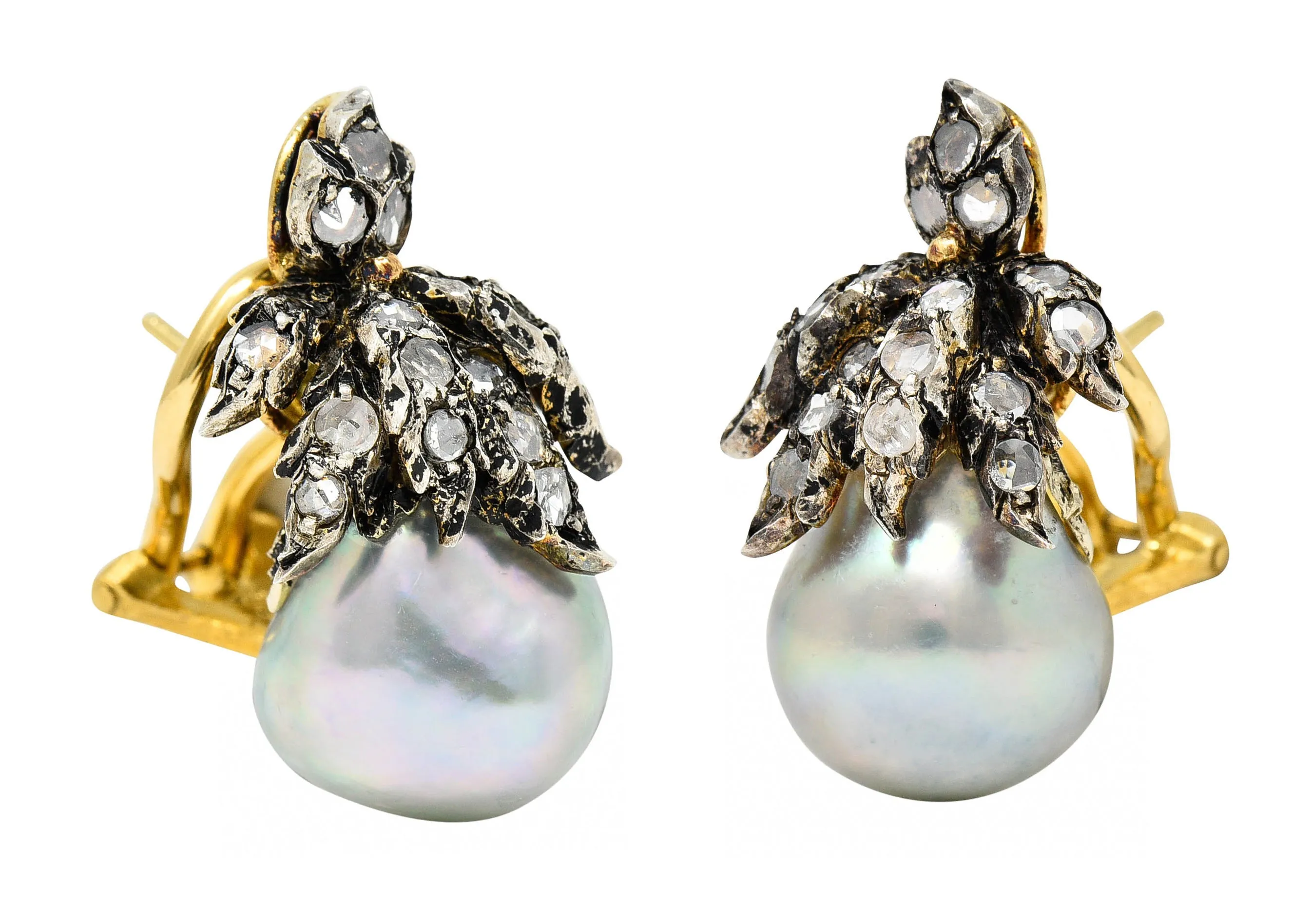 1970's Buccellati Diamond Baroque Pearl Silver-Topped 18 Karat Gold Earrings