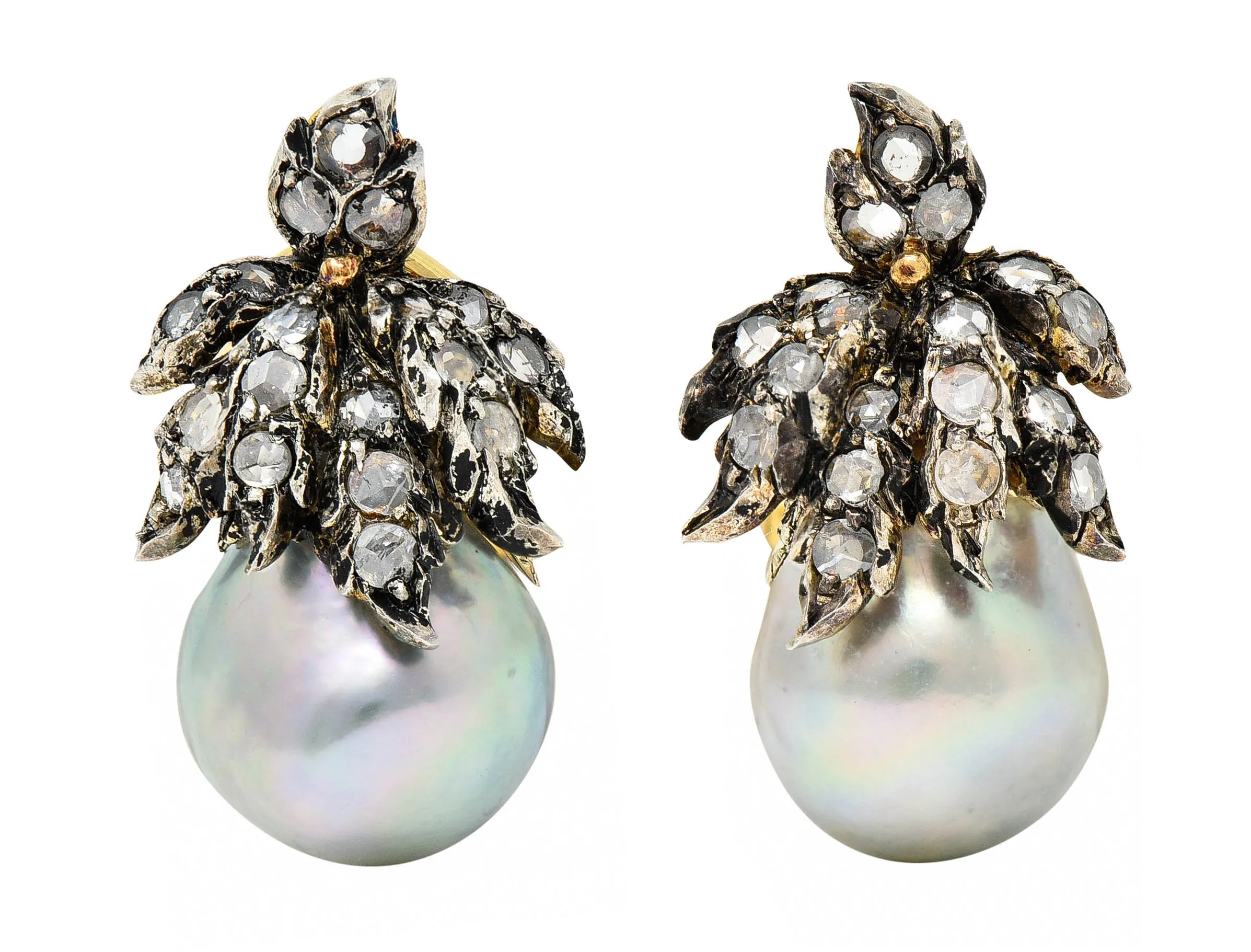 1970's Buccellati Diamond Baroque Pearl Silver-Topped 18 Karat Gold Earrings