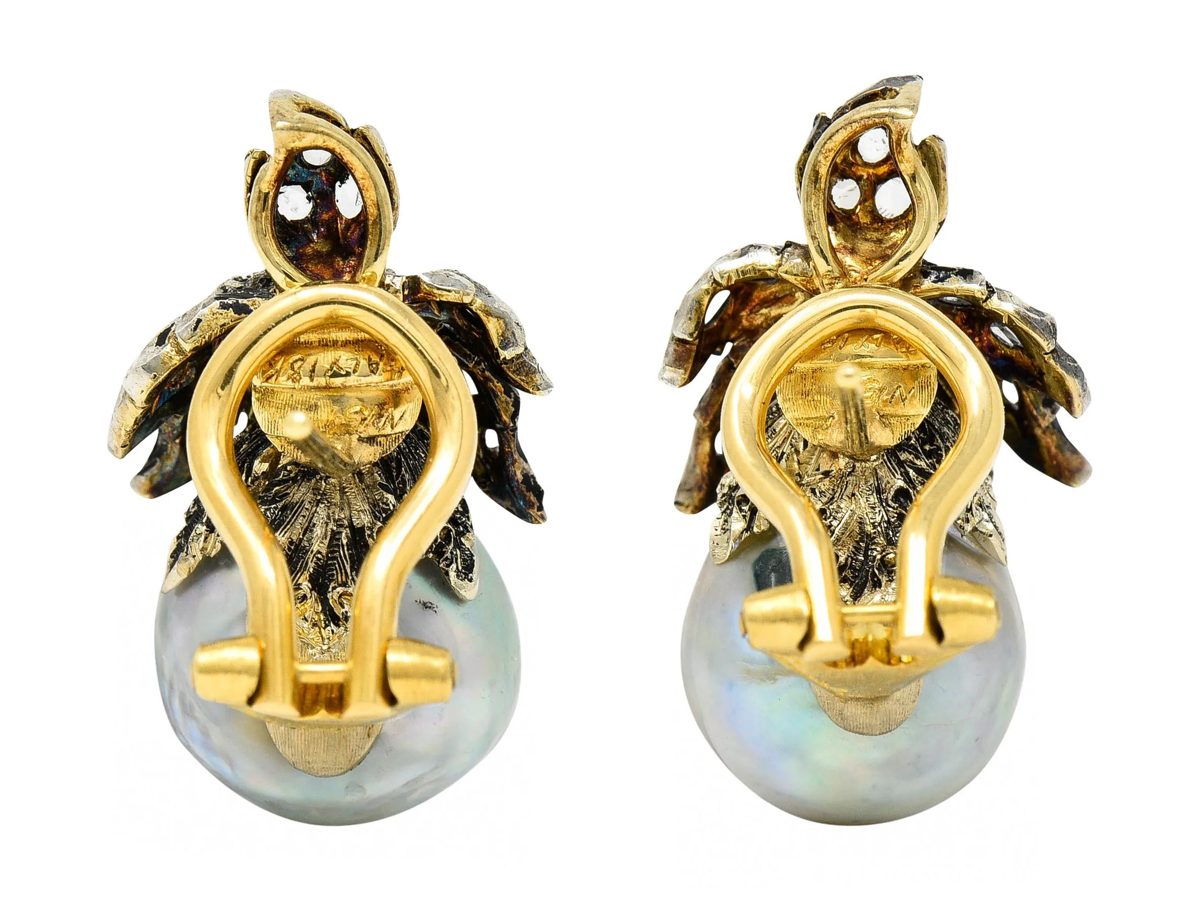 1970's Buccellati Diamond Baroque Pearl Silver-Topped 18 Karat Gold Earrings