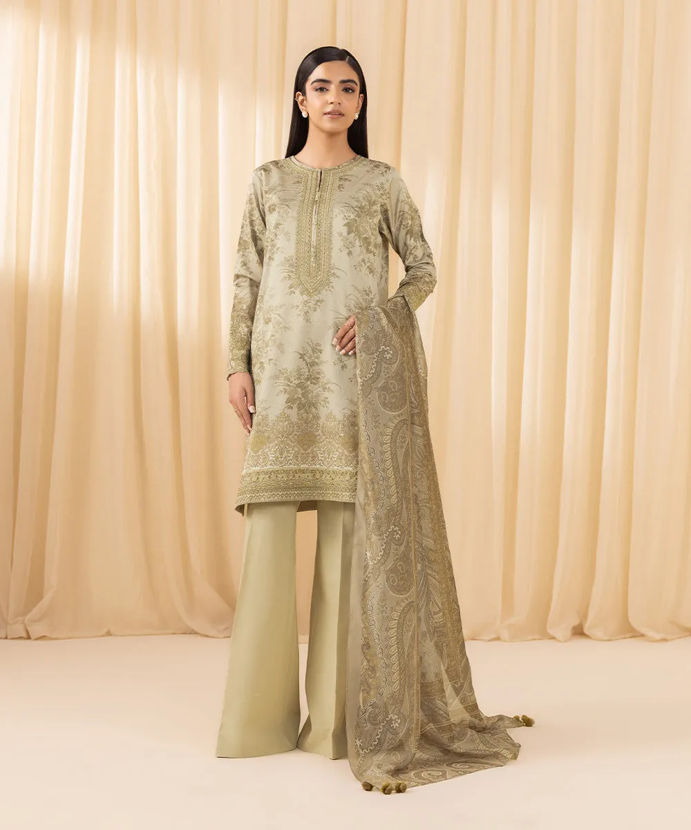 3 Piece -  Embroidered Satin Suit