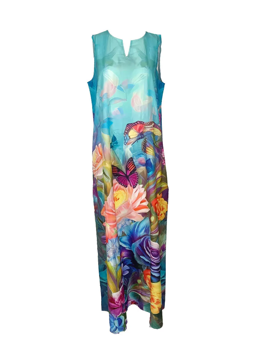 7240031 Floral Printed Sleeveless Long Dress *Blue