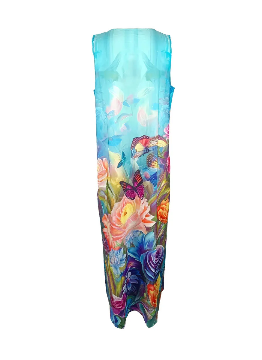 7240031 Floral Printed Sleeveless Long Dress *Blue