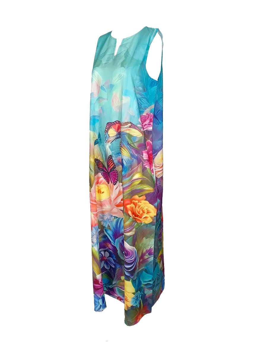 7240031 Floral Printed Sleeveless Long Dress *Blue