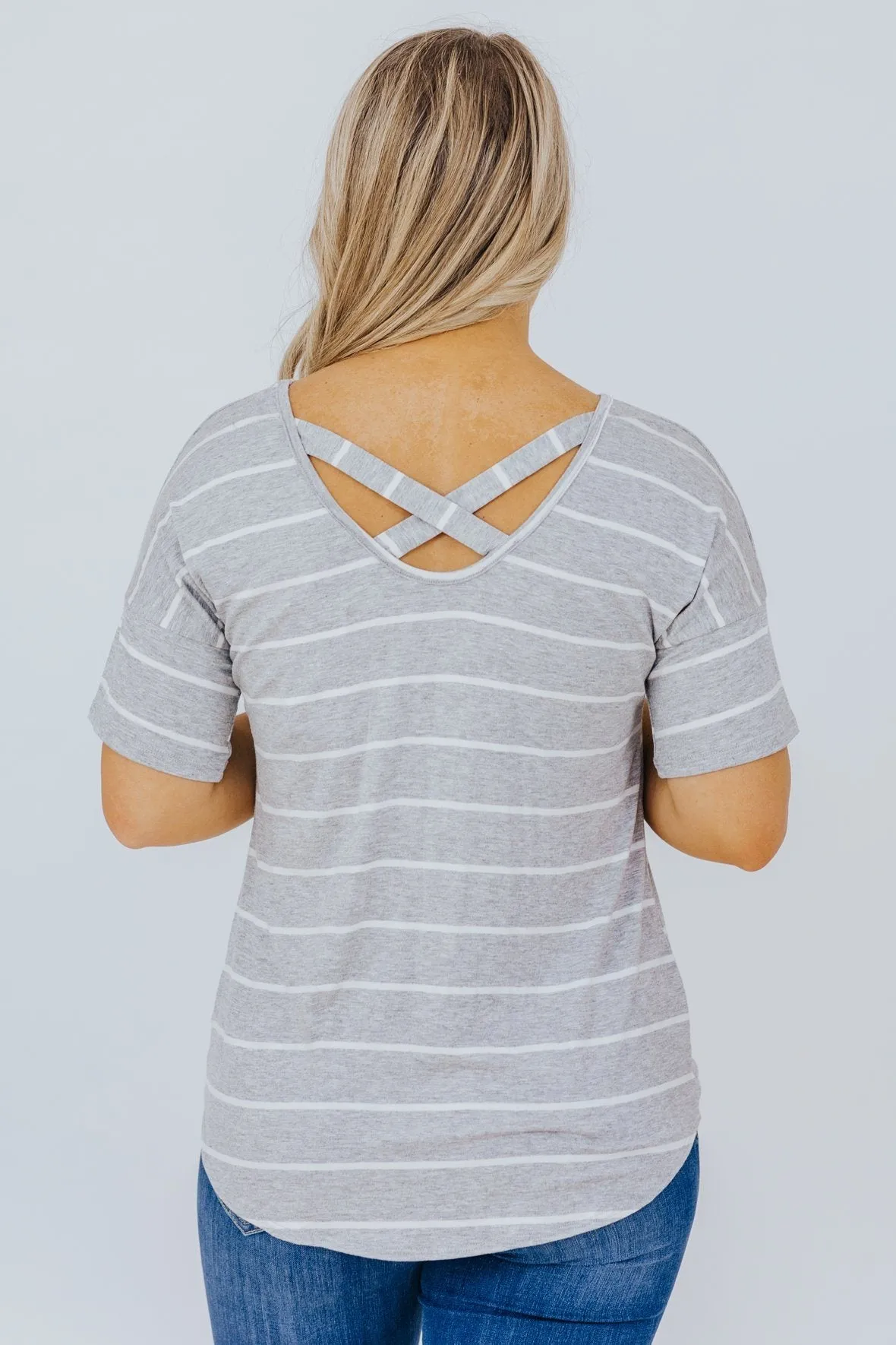 A Good Day To Be Happy Striped Tee In Heather Grey