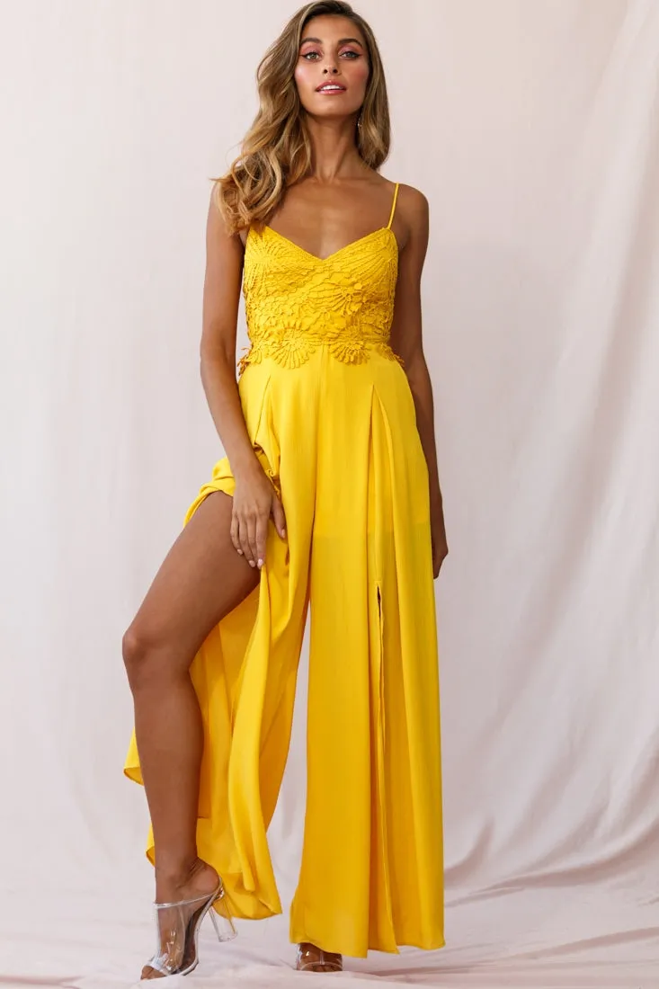 Ada Applique Embroidery Bust Wide Leg Jumpsuit Mustard