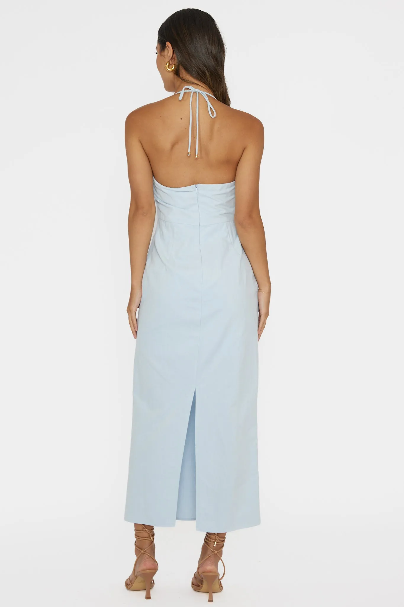 Arielle Gathered Bust Halterneck Midi Dress Pale Blue