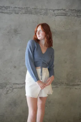 At Dusk Blue Ruched Tie Sweater