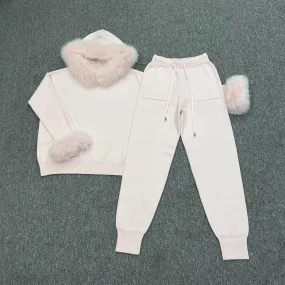 Baby Pink Luxury Fur Trim Hood & Cuff Jogger Tracksuit