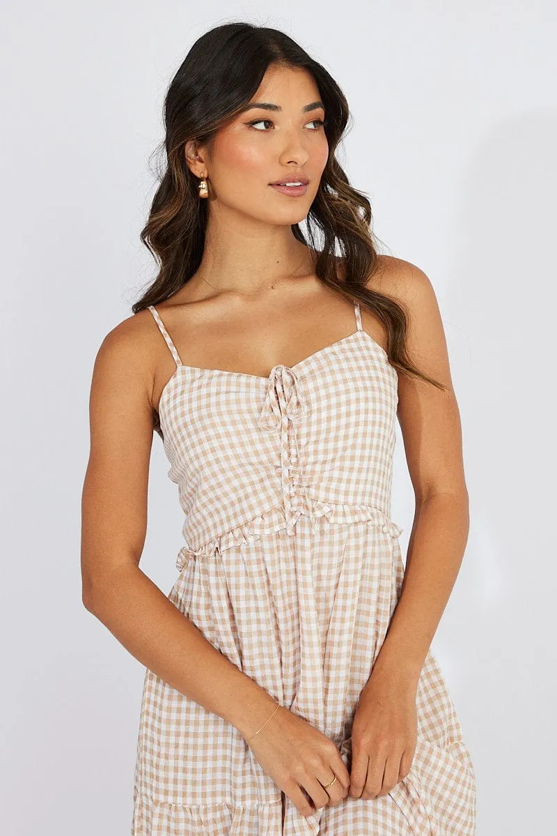 Beige Check Maxi Dress Sleeveless Shirred Bust