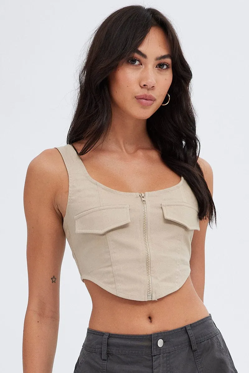 Beige Top Sleeveless with Zipper