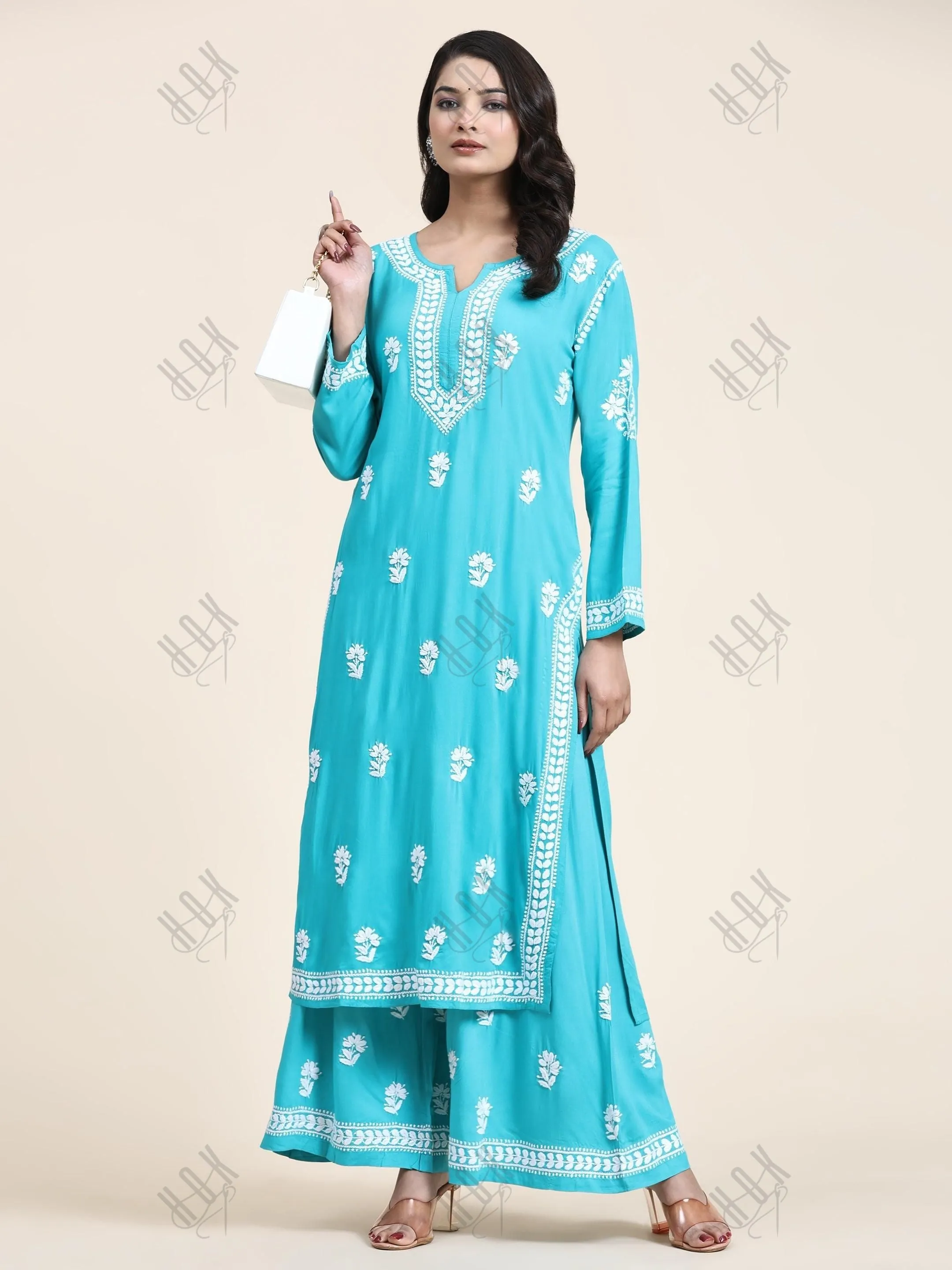 Bhavna in Noor Chikankari CO-ORD Set In Rayon for Women In Blue Turquoise