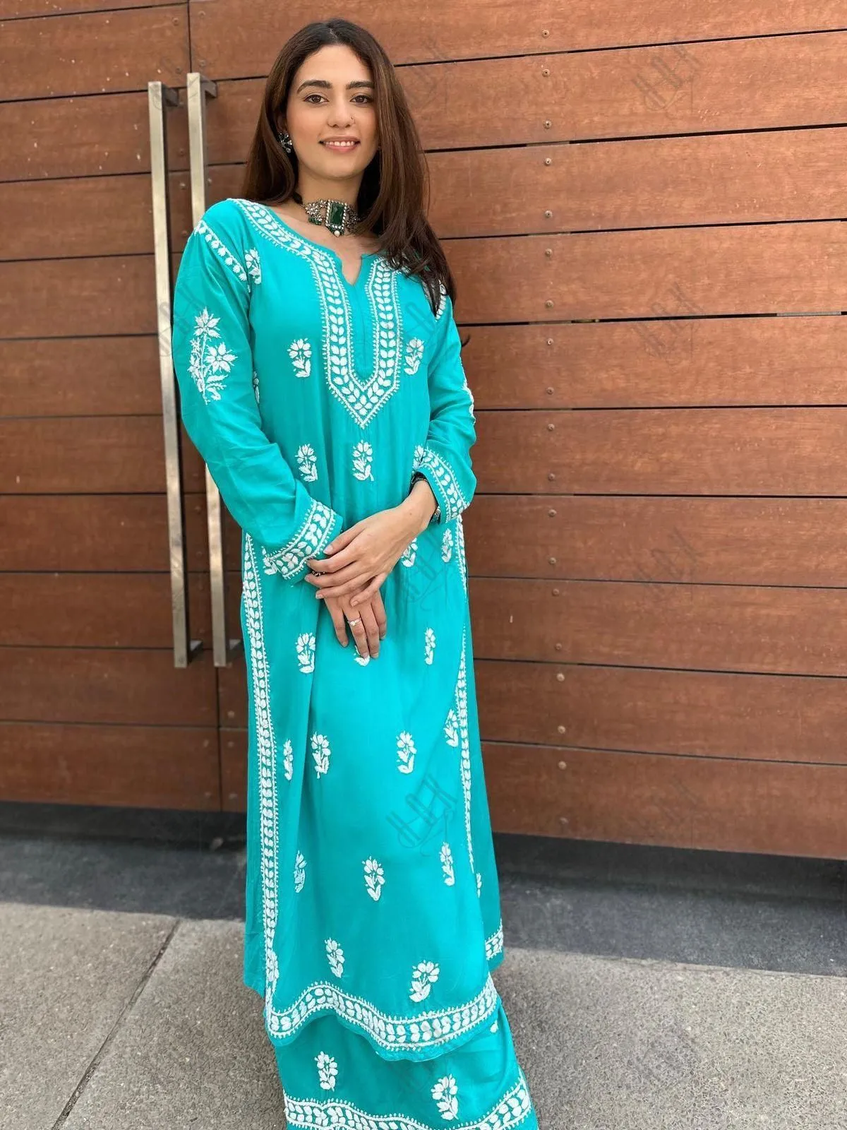 Bhavna in Noor Chikankari CO-ORD Set In Rayon for Women In Blue Turquoise