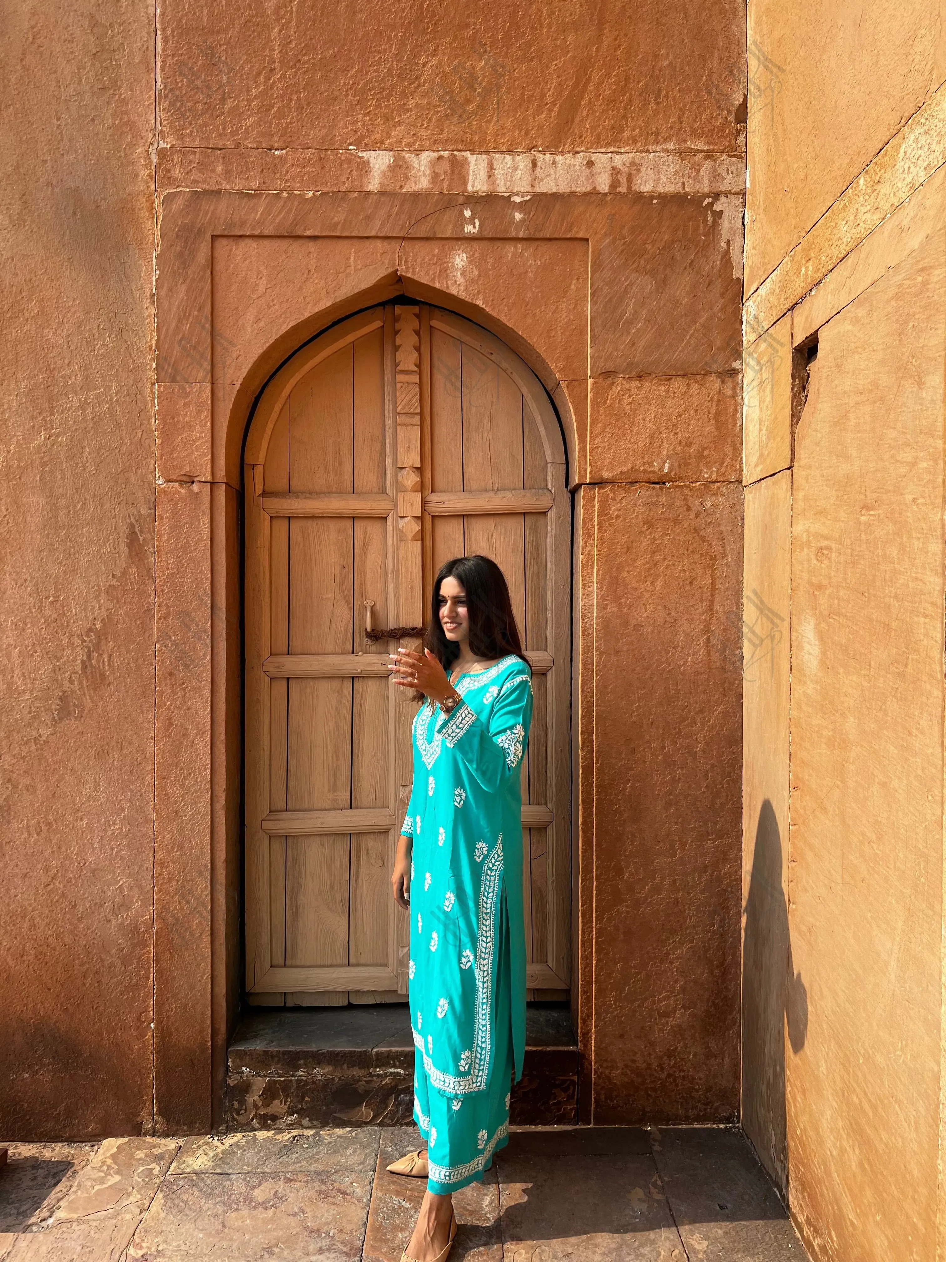 Bhavna in Noor Chikankari CO-ORD Set In Rayon for Women In Blue Turquoise