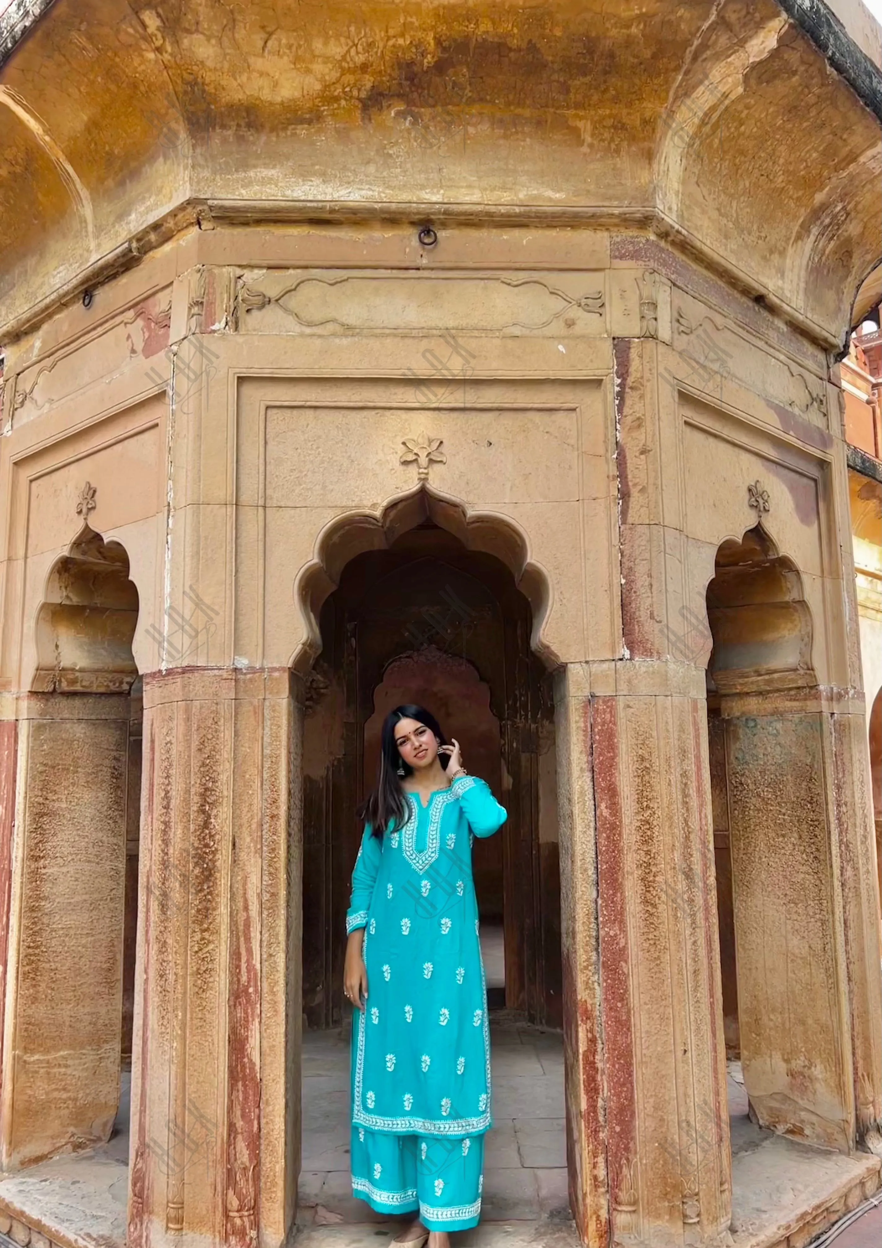 Bhavna in Noor Chikankari CO-ORD Set In Rayon for Women In Blue Turquoise