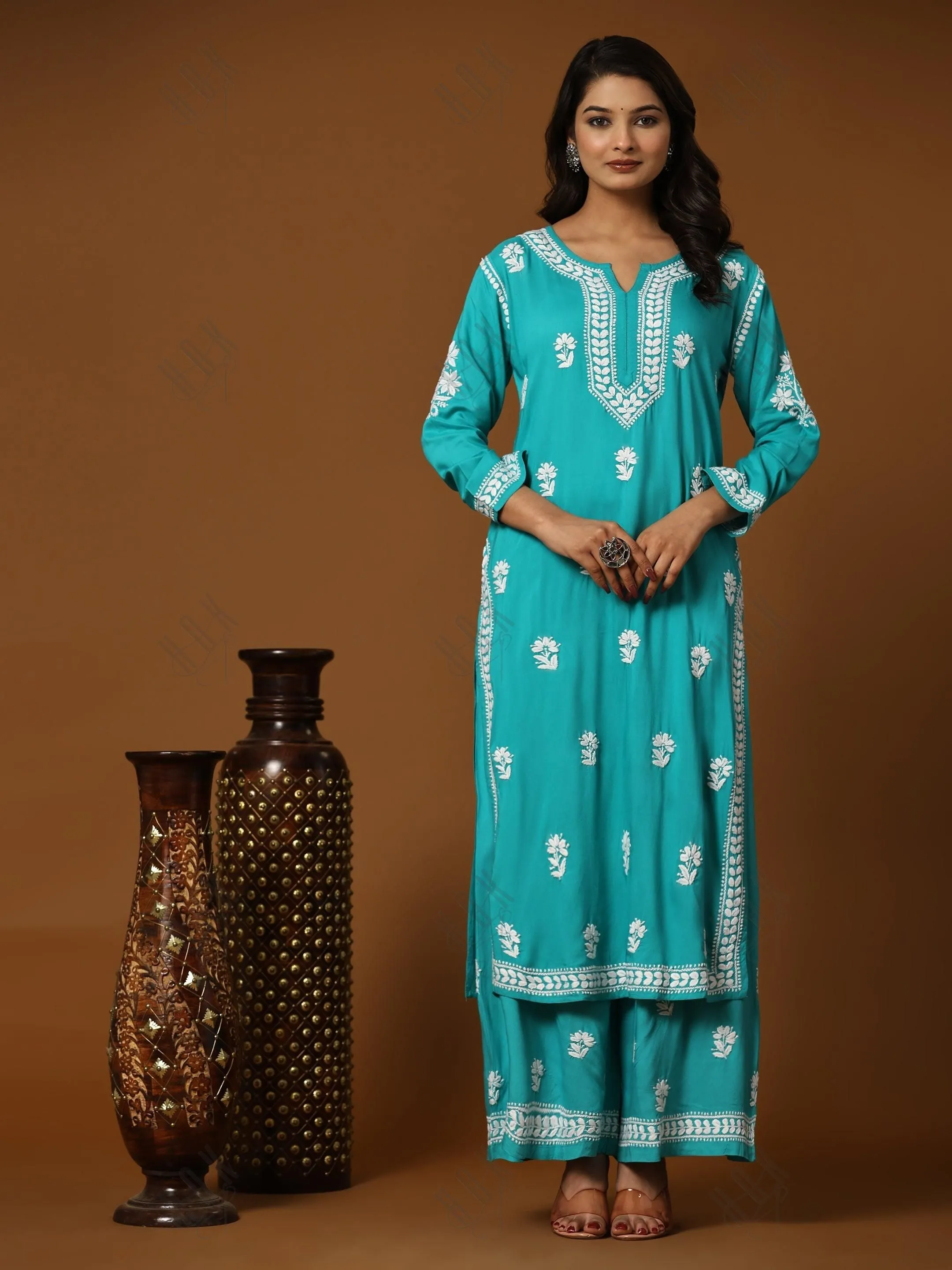 Bhavna in Noor Chikankari CO-ORD Set In Rayon for Women In Blue Turquoise