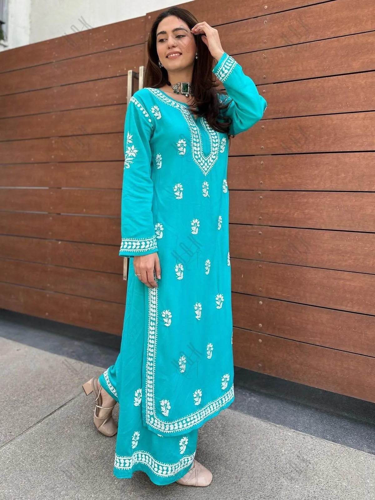 Bhavna in Noor Chikankari CO-ORD Set In Rayon for Women In Blue Turquoise