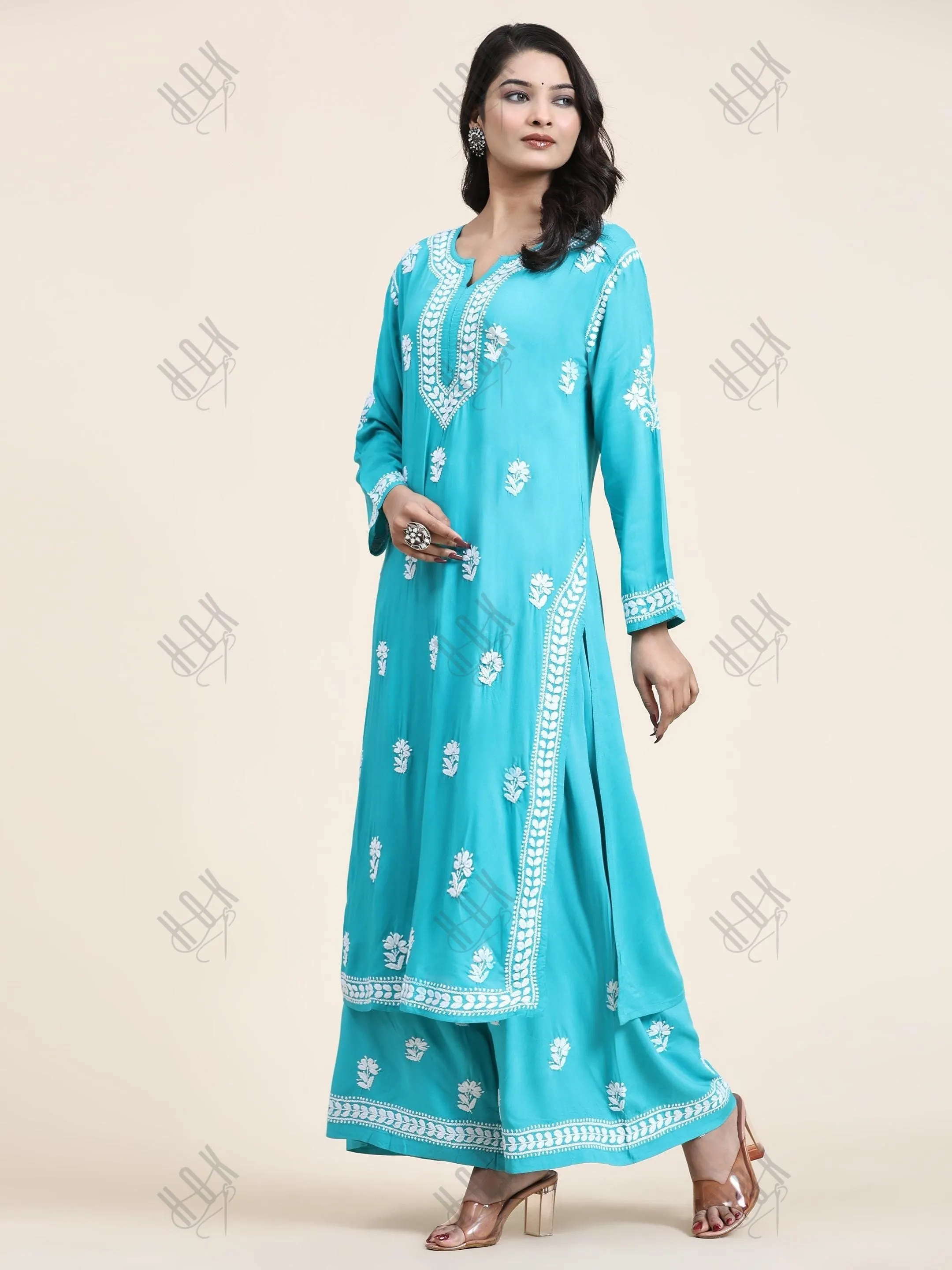 Bhavna in Noor Chikankari CO-ORD Set In Rayon for Women In Blue Turquoise