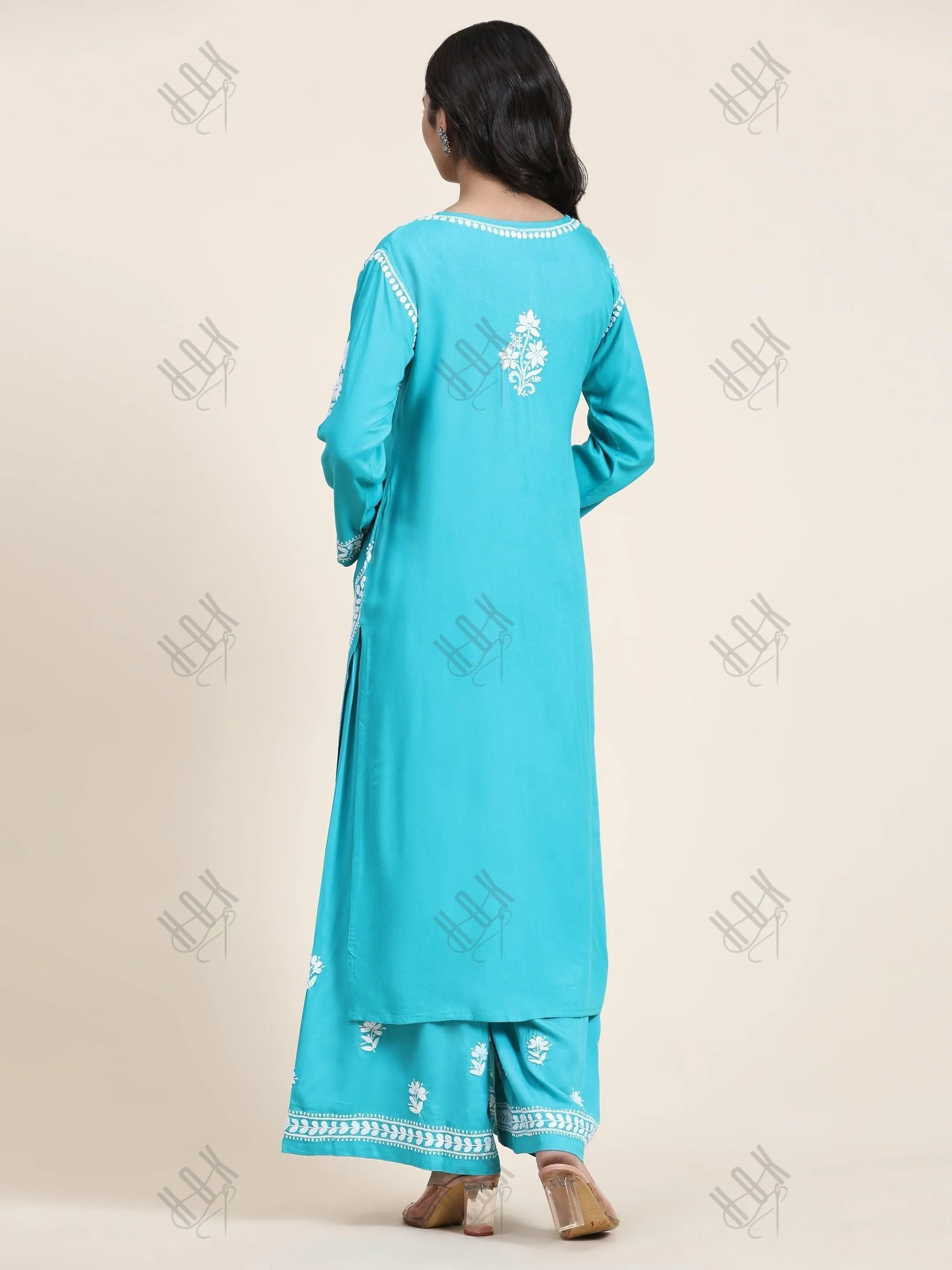 Bhavna in Noor Chikankari CO-ORD Set In Rayon for Women In Blue Turquoise