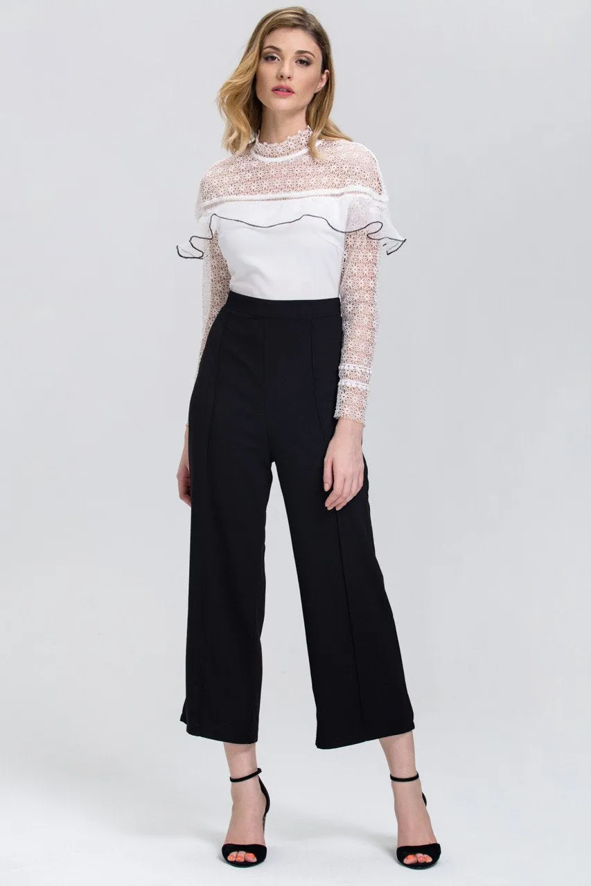 Black and White Heavy Lace Long Sleeves Palazzo Jumpsuit