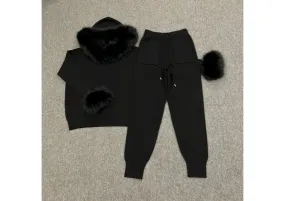 Black Faux Fur Trim Hood & Cuff Tracksuit