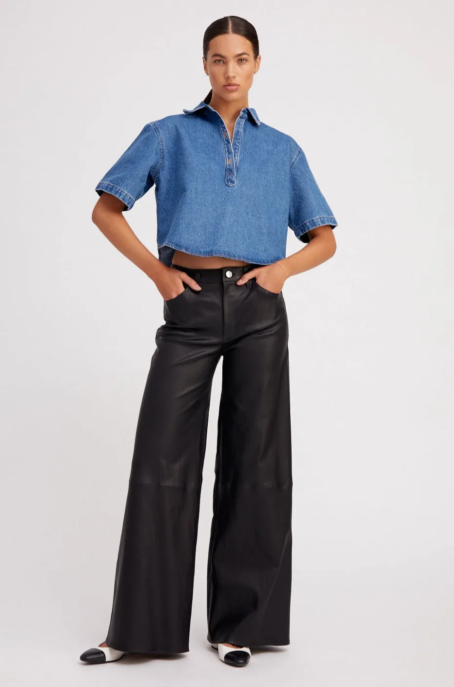 Black Leather 5 Pocket Wide Leg Pants