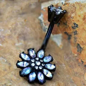 Black PVD Plated Aurora Borealis Flower Navel Ring