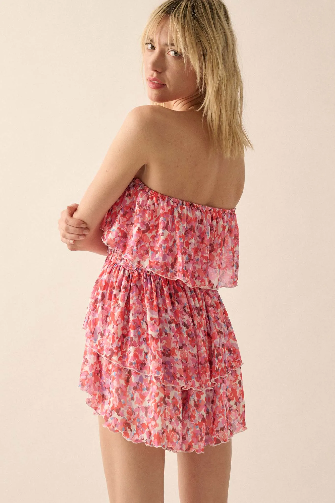 Bunches of Blooms Floral Mesh Strapless Romper