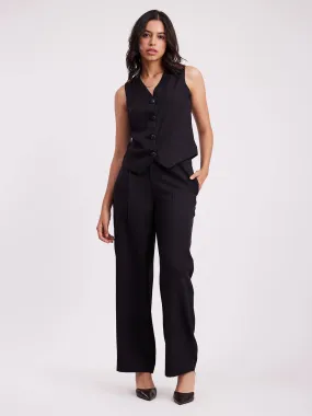 Button Detail Top & Front Pleat Trouser Co-ord - Black