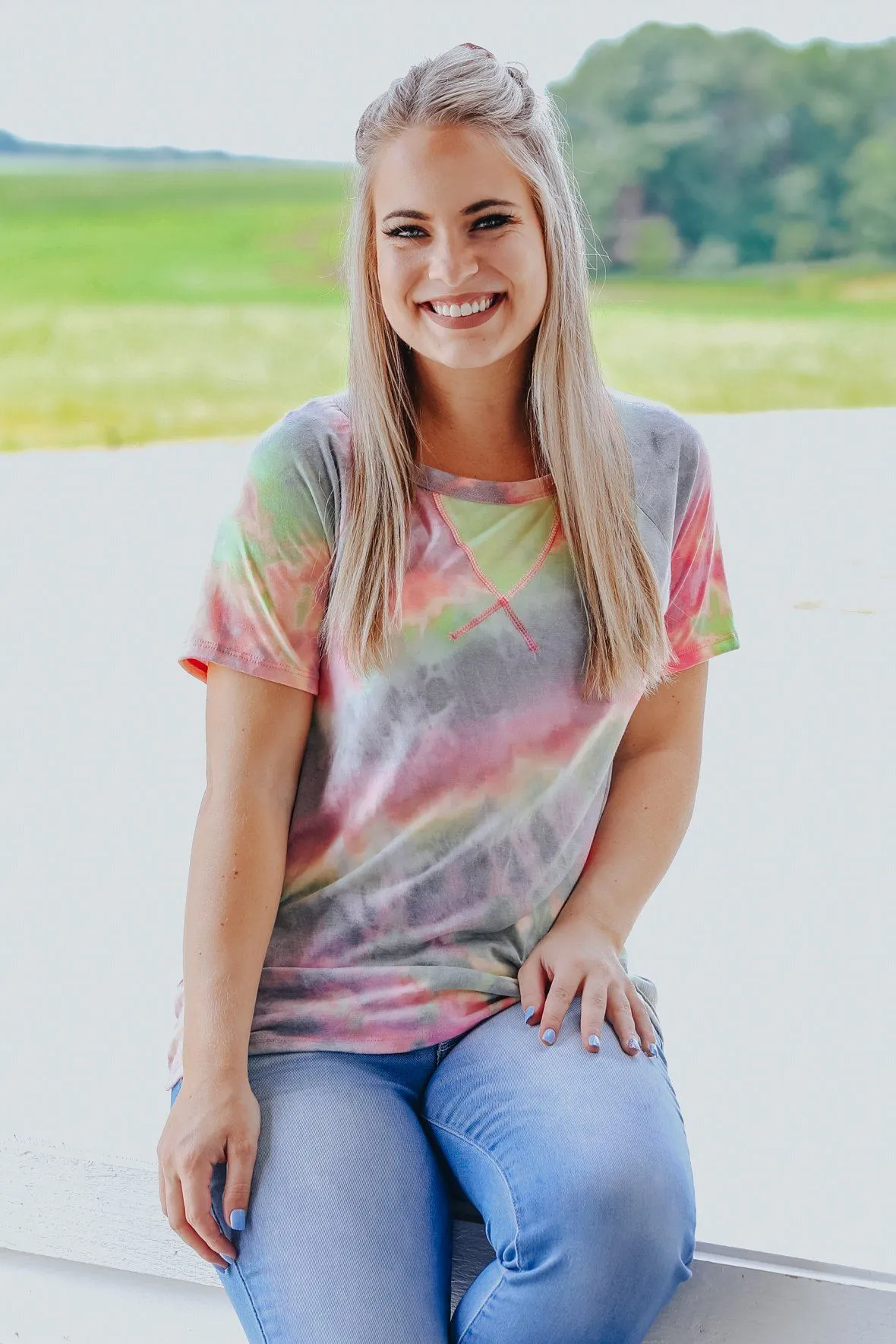 Call Me Tie Dye  Round Neck Short Sleeve Top in Lime