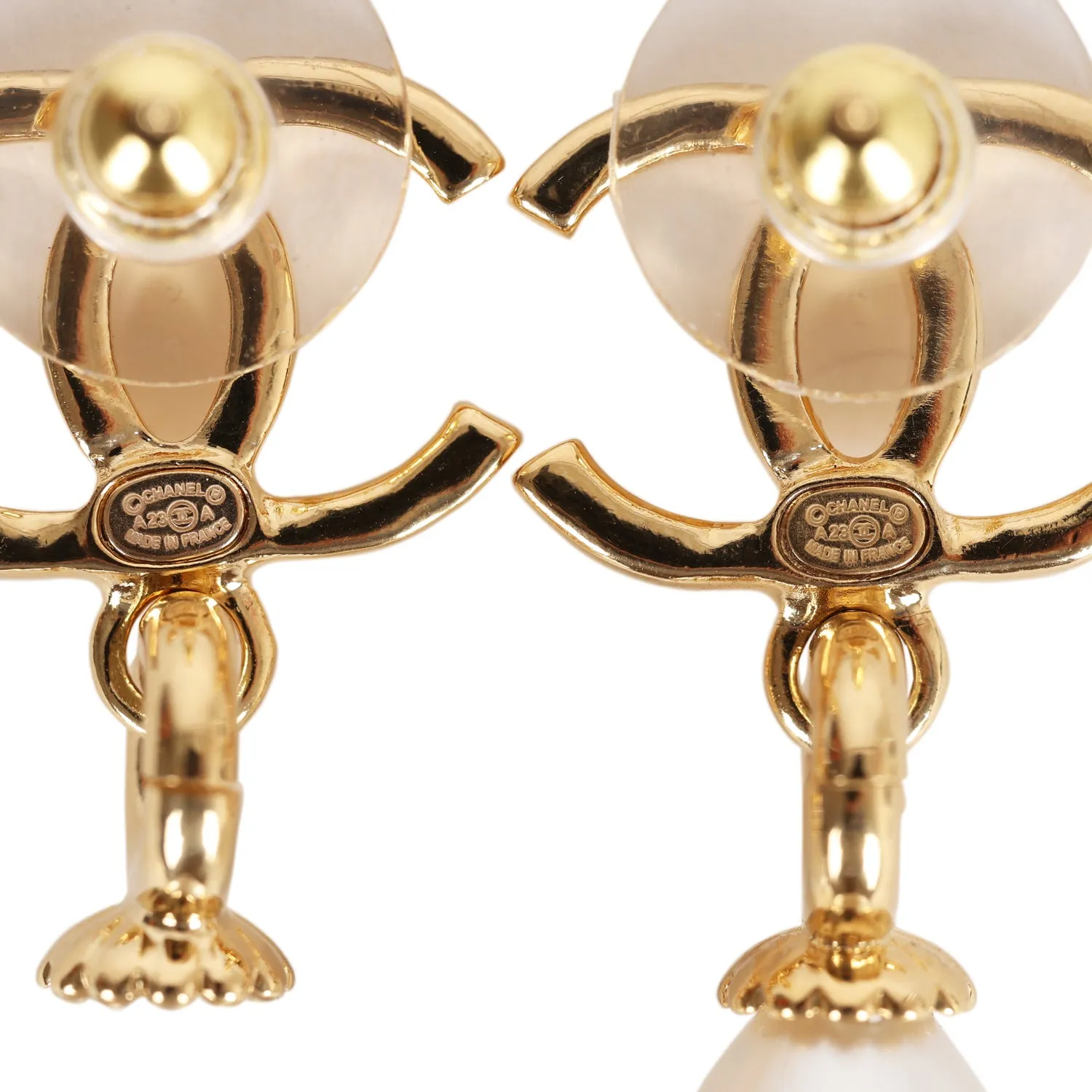 Chanel CC Pearl Drop Dangle Earrings Pearl & Gold Metal