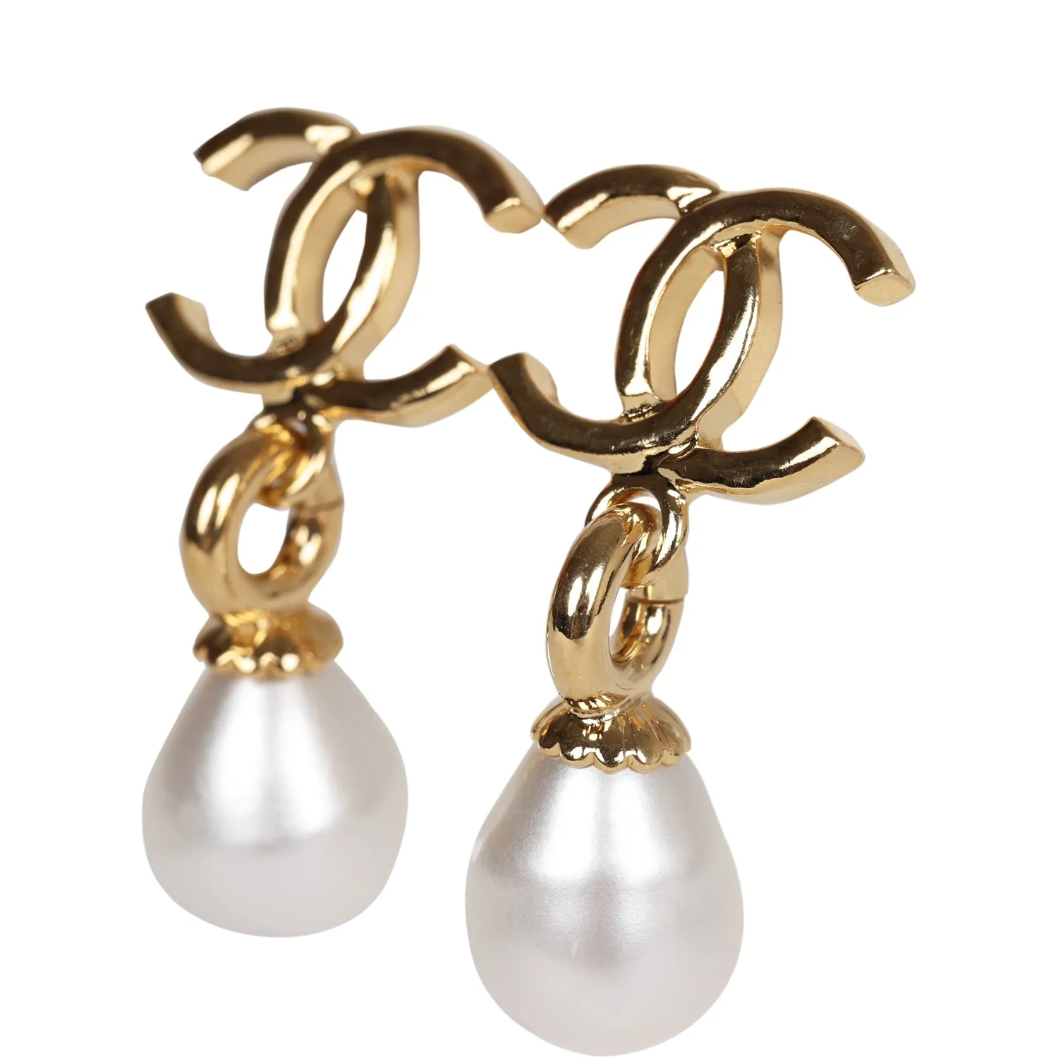 Chanel CC Pearl Drop Dangle Earrings Pearl & Gold Metal